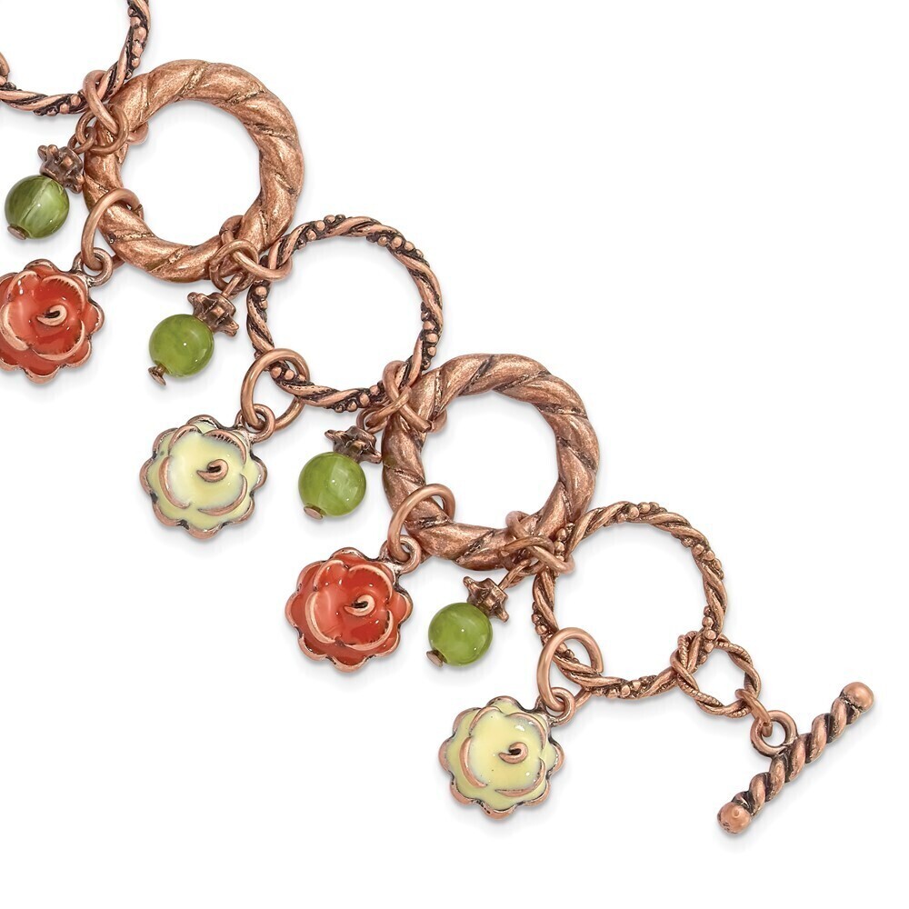 Copper-tone Orange & Green Enamel Flower Green Acrylic Bead 7" Toggle Bracelet